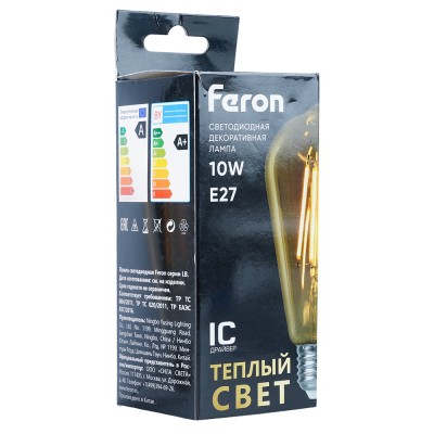 Лампа светодиодная филамент FERON LB-64, ST64 (декор. колба), 10W 175-265V E27 2700К (белый теплый), рассеиватель прозрачный золотой, 1200Lm, угол рассеивания 270°, корпус стекло, 143*64мм