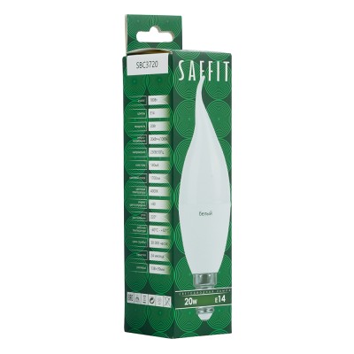 Лампа светодиодная SAFFIT SBC3720, C37T (свеча на ветру), 20W 230V E14 4000К (белый), рассеиватель матовый белый, 1700Lm, угол рассеивания 220°, корпус пластик, 138*39мм
