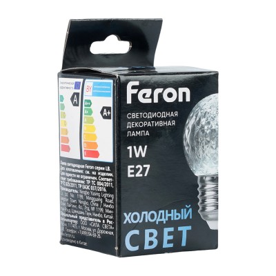 Лампа светодиодная FERON LB-385, G45 (шар), 1W 230V E27 6400К (холодный), рассеиватель прозрачный 80Lm, угол рассеивания 270°, корпус пластик, 68*45мм