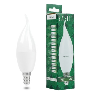 Лампа светодиодная SAFFIT SBC3720, C37T (свеча на ветру), 20W 230V E14 6400К (холодный), рассеиватель матовый белый, 1710Lm, угол рассеивания 220°, корпус пластик, 138*39мм Лампа светодиодная SAFFIT SBC3720, C37T (свеча на ветру), 20W 230V E14 6400К (холодный), рассеиватель матовый белый, 1710Lm, угол рассеивания 220°, корпус пластик, 138*39мм