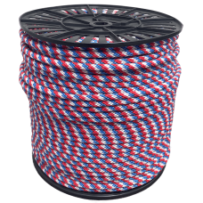 Артикул 12957, Шнур спирального плетения полипропиленовый декоративный с сердечником д.8мм белый-синий-красный, катушка (200м), МШК 4810207008336.