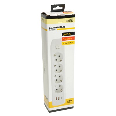 Удлинитель 4-местный c/з 3x1 мм2, 3 м, 250В, 10А, 2USB+1Type-C 2,4А, серия Home plus, белый STEKKER HM08-43-02 49978