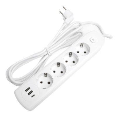 Удлинитель 4-местный c/з 3x1 мм2, 3 м, 250В, 10А, 2USB+1Type-C 2,4А, серия Home plus, белый STEKKER HM08-43-02 49978