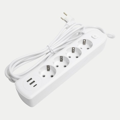 Удлинитель 4-местный c/з 3x1 мм2, 3 м, 250В, 10А, 2USB+1Type-C 2,4А, серия Home plus, белый STEKKER HM08-43-02 49978