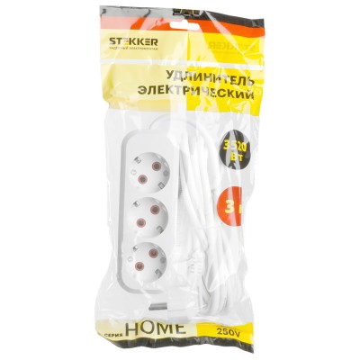 Удлинитель трехместный с/з STEKKER HM06-31-03 3x1мм2, 3м, серия Home, белый 49348