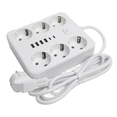 Удлинитель 6-местный c/з 3x1 мм2, 1,8 м, 250В, 10А, 4USB+2Type-C 2,4А, серия Home plus, белый STEKKER HM09-66-02 49975 Удлинитель 6-местный c/з 3x1 мм2, 1,8 м, 250В, 10А, 4USB+2Type-C 2,4А, серия Home plus, белый STEKKER HM09-66-02 49975