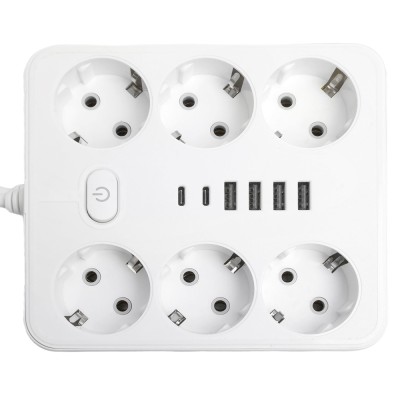 Удлинитель 6-местный c/з 3x1 мм2, 1,8 м, 250В, 10А, 4USB+2Type-C 2,4А, серия Home plus, белый STEKKER HM09-66-02 49975 Удлинитель 6-местный c/з 3x1 мм2, 1,8 м, 250В, 10А, 4USB+2Type-C 2,4А, серия Home plus, белый STEKKER HM09-66-02 49975