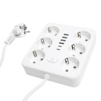 Удлинитель 6-местный c/з 3x1 мм2, 1,8 м, 250В, 10А, 4USB+2Type-C 2,4А, серия Home plus, белый STEKKER HM09-66-02 49975