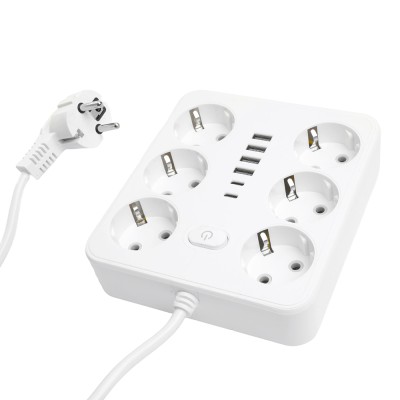 Удлинитель 6-местный c/з 3x1 мм2, 1,8 м, 250В, 10А, 4USB+2Type-C 2,4А, серия Home plus, белый STEKKER HM09-66-02 49975