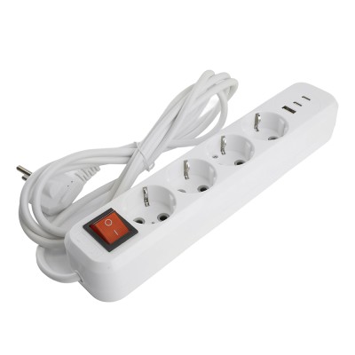 Удлинитель 4-местный с/з с выключ. STEKKER HM071-41-05 3x1мм2, 5м, 250В, 16А, 1USB+2C, 2.4A, сер Home, белый 50141