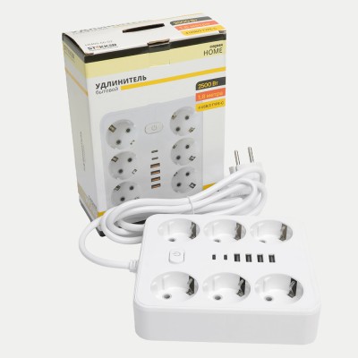 Удлинитель 6-местный c/з 3x1 мм2, 1,8 м, 250В, 10А, 4USB+2Type-C 2,4А, серия Home plus, белый STEKKER HM09-66-02 49975 Удлинитель 6-местный c/з 3x1 мм2, 1,8 м, 250В, 10А, 4USB+2Type-C 2,4А, серия Home plus, белый STEKKER HM09-66-02 49975