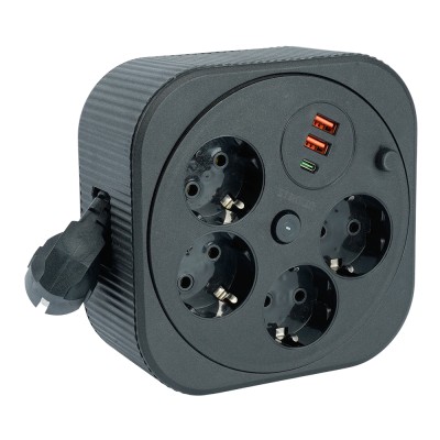 HM16-4-03-USB Удлинитель 4-местный с/з, 3x1,5мм2, 3м, 230В, 16А, 2USB+1С, 2,4А, черный 50836