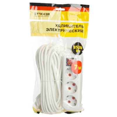 Удлинители STEKKER 49356, серия Home, цвет белый, длина 7 м, количество розеток 3, сталь, сечение кабеля 1 мм2, тип кабеля ПВС, материал кабеля -, ток 16А, напряжение 250В, максимальная нагрузка 3520Вт, тип вилки - прямая. Диапазон рабочих температур +1.. Удлинители STEKKER 49356, серия Home, цвет белый, длина 7 м, количество розеток 3, сталь, сечение кабеля 1 мм2, тип кабеля ПВС, материал кабеля -, ток 16А, напряжение 250В, максимальная нагрузка 3520Вт, тип вилки - прямая. Диапазон рабочих температур +1..