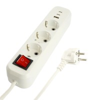 Удлинитель 3-местный с/з с выключ. STEKKER HM071-31-02 3x1мм2, 2м, 250В, 16А, 1USB+2C, 2.4A, сер Home, белый 50136