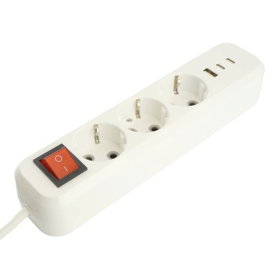 Удлинитель 3-местный с/з с выключ. STEKKER HM071-31-02 3x1мм2, 2м, 250В, 16А, 1USB+2C, 2.4A, сер Home, белый 50136