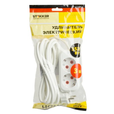 Удлинитель двухместный с/з STEKKER HM06-21-03 3x1мм2, 3м, серия Home (У10-001), белый 49340 Удлинитель двухместный с/з STEKKER HM06-21-03 3x1мм2, 3м, серия Home (У10-001), белый 49340