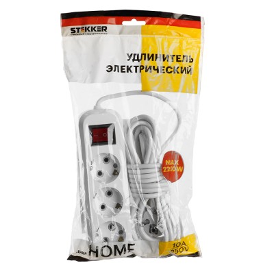 Удлинитель трехместный с/з с выключателем STEKKER HM03-31-05 3x0,75, 5м, серия Home (У10А-002), белый 39199