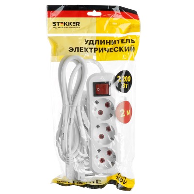 Удлинитель трехместный с/з с выключателем STEKKER HM03-31-02 3x0,75, 2м, серия Home (У10А-002), белый 39197