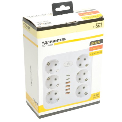 Удлинитель 6-местный c/з 3x1 мм2, 3 м, 250В, 10А, 4USB+2Type-C 2,4А, серия Home plus, белый STEKKER HM09-66-02 49982 Удлинитель 6-местный c/з 3x1 мм2, 3 м, 250В, 10А, 4USB+2Type-C 2,4А, серия Home plus, белый STEKKER HM09-66-02 49982