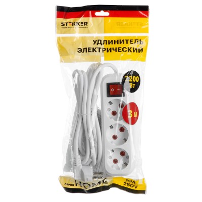 Удлинитель трехместный с/з с выключателем STEKKER HM03-31-03 3x0,75, 3м, серия Home (У10А-002), белый 39198