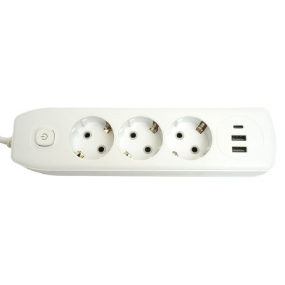 Удлинитель 3-местный c/з 3x1 мм2, 3 м, 250В, 10А, 2USB+1Type-C 2,4А, серия Home plus, белый STEKKER HM08-33-02 49977