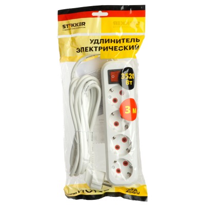 Удлинитель четырехместный с/з с выключ. STEKKER HM07-41-03 3x1мм2, 3м, серия Home (У16А-003), белый 49359 Удлинитель четырехместный с/з с выключ. STEKKER HM07-41-03 3x1мм2, 3м, серия Home (У16А-003), белый 49359