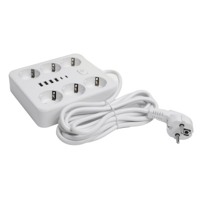 Удлинитель 6-местный c/з 3x1 мм2, 3 м, 250В, 10А, 4USB+2Type-C 2,4А, серия Home plus, белый STEKKER HM09-66-02 49982 Удлинитель 6-местный c/з 3x1 мм2, 3 м, 250В, 10А, 4USB+2Type-C 2,4А, серия Home plus, белый STEKKER HM09-66-02 49982