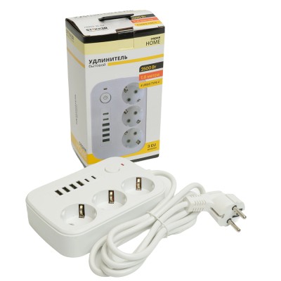 Удлинитель 3-местный c/з 3x1 мм2, 1,8 м, 250В, 10А, 4USB+2Type-C 2,4А, серия Home plus, белый STEKKER HM09-36-02 49972