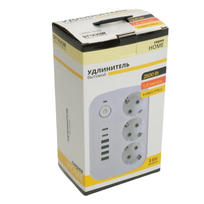 Удлинитель 3-местный c/з 3x1 мм2, 1,8 м, 250В, 10А, 4USB+2Type-C 2,4А, серия Home plus, белый STEKKER HM09-36-02 49972