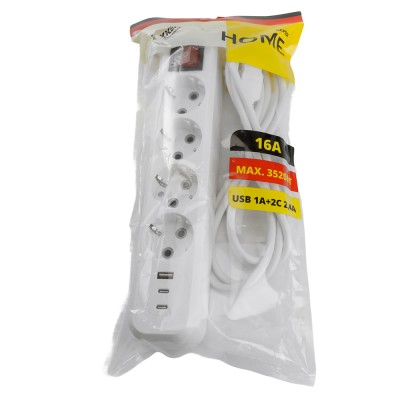Удлинитель 4-местный с/з с выключ. STEKKER HM071-41-03 3x1мм2, 3м, 250В, 16А, 1USB+2C, 2.4A, сер Home, белый 50140