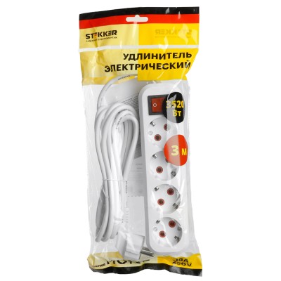 Удлинитель четырехместный с/з с выключ. STEKKER HM07-41-03 3x1мм2, 3м, серия Home (У16А-003), белый 49359 Удлинитель четырехместный с/з с выключ. STEKKER HM07-41-03 3x1мм2, 3м, серия Home (У16А-003), белый 49359