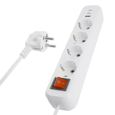 Удлинитель 4-местный с/з с выключ. STEKKER HM071-41-03 3x1мм2, 3м, 250В, 16А, 1USB+2C, 2.4A, сер Home, белый 50140