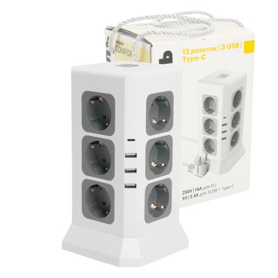 Удлинитель 12-местн с/з, 3x1мм2, 1.5 м,250В,16А, 3520Вт 3USB A + 1C 5V 3,4A, белый, серый серия Comfort HM10-61-01 49991