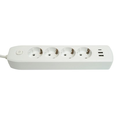 Удлинитель 4-местный c/з 3x1 мм2, 1,8 м, 250В, 10А, 2USB+1Type-C 2,4А, серия Home plus, белый STEKKER HM08-43-02 49971