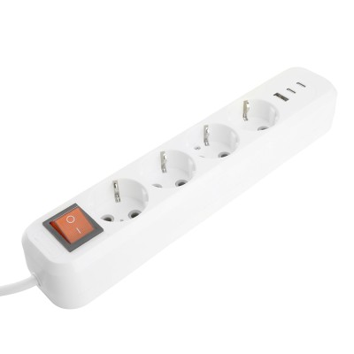 Удлинитель 4-местный с/з с выключ. STEKKER HM071-41-02 3x1мм2, 2м, 250В, 16А, 1USB+2C, 2.4A, сер Home, белый 50139