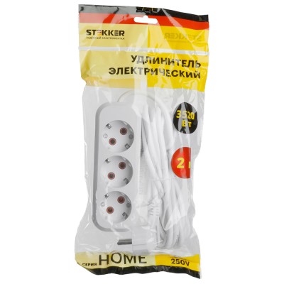 Удлинитель трехместный с/з STEKKER HM06-31-02 3x1мм2, 2м, серия Home, белый 49347