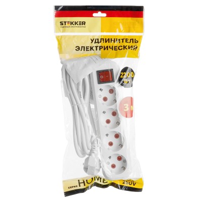Удлинитель четырехместный с/з с выключателем STEKKER HM03-41-03 3x0,75, 3м, серия Home (У10А-003), белый 39524
