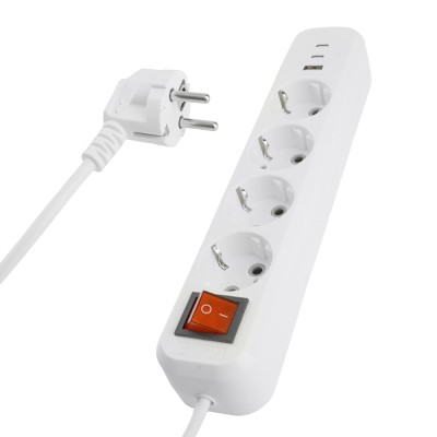 Удлинитель 4-местный с/з с выключ. STEKKER HM071-41-02 3x1мм2, 2м, 250В, 16А, 1USB+2C, 2.4A, сер Home, белый 50139