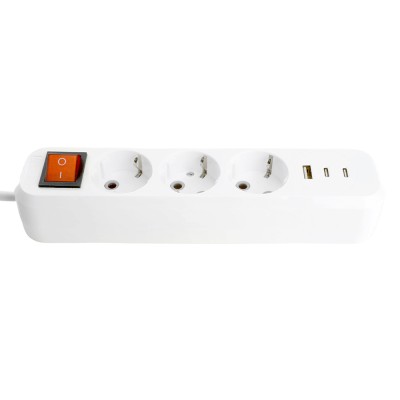Удлинитель 3-местный с/з с выключ. STEKKER HM071-31-02 3x1мм2, 2м, 250В, 16А, 1USB+2C, 2.4A, сер Home, белый 50136