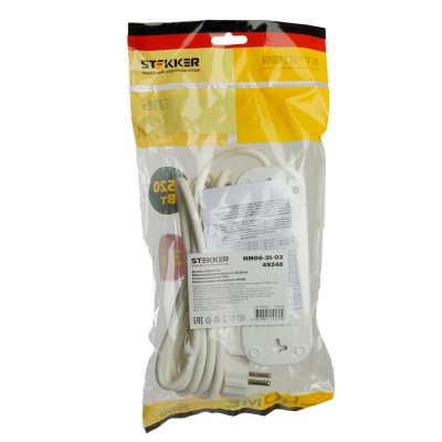 Удлинители STEKKER 49348, серия Home, цвет белый, длина 3 м, количество розеток 3, сталь, сечение кабеля 1 мм2, тип кабеля ПВС, материал кабеля -, ток 16А, напряжение 250В, максимальная нагрузка 3520Вт, тип вилки - прямая. Диапазон рабочих температур +1..