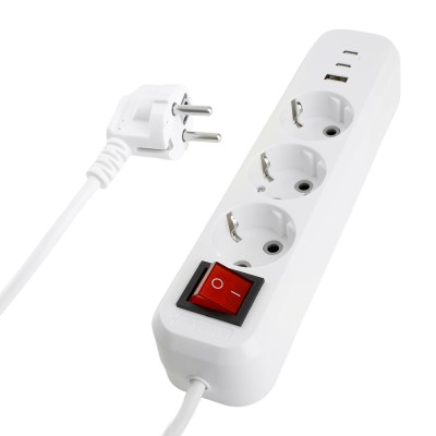 Удлинитель 3-местный с/з с выключ. STEKKER HM071-31-05 3x1мм2, 5м, 250В, 16А, 1USB+2C, 2.4A, сер Home, белый 50138