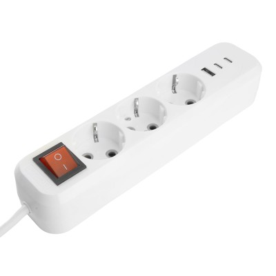 Удлинитель 3-местный с/з с выключ. STEKKER HM071-31-02 3x1мм2, 2м, 250В, 16А, 1USB+2C, 2.4A, сер Home, белый 50136