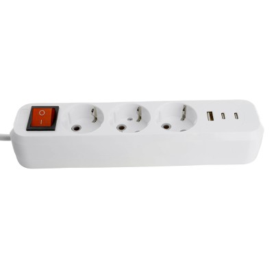 Удлинитель 3-местный с/з с выключ. STEKKER HM071-31-05 3x1мм2, 5м, 250В, 16А, 1USB+2C, 2.4A, сер Home, белый 50138