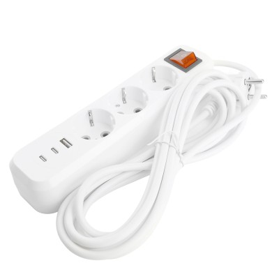 Удлинитель 3-местный с/з с выключ. STEKKER HM071-31-02 3x1мм2, 2м, 250В, 16А, 1USB+2C, 2.4A, сер Home, белый 50136