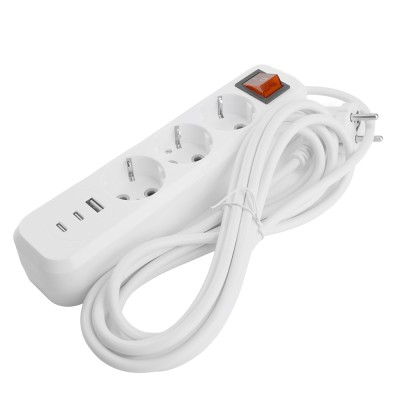 Удлинитель 3-местный с/з с выключ. STEKKER HM071-31-05 3x1мм2, 5м, 250В, 16А, 1USB+2C, 2.4A, сер Home, белый 50138