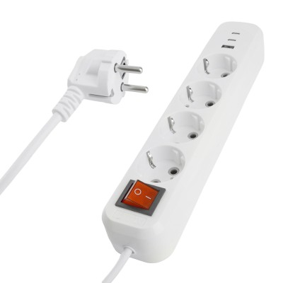 Удлинитель 4-местный с/з с выключ. STEKKER HM071-41-05 3x1мм2, 5м, 250В, 16А, 1USB+2C, 2.4A, сер Home, белый 50141