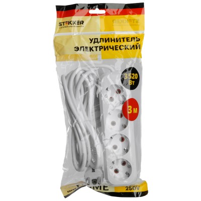 Удлинитель четырехместный с/з STEKKER HM06-40-03 3x1мм2, 3м, серия Home, белый 49351