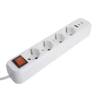 Удлинитель 4-местный с/з с выключ. STEKKER HM071-41-05 3x1мм2, 5м, 250В, 16А, 1USB+2C, 2.4A, сер Home, белый 50141