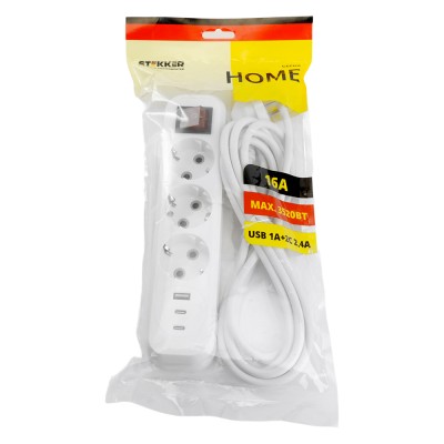 Удлинитель 3-местный с/з с выключ. STEKKER HM071-31-03 3x1мм2, 3м, 250В, 16А, 1USB+2C, 2.4A, сер Home, белый 50137