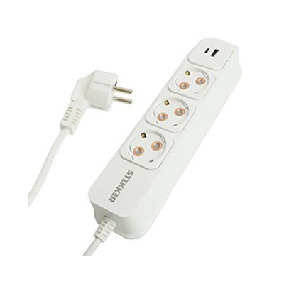 Удлинитель 3-местный с/з STEKKER HM20-31-03 3x1мм2, 3м, 250В, 16А, USB A+C, Click Tap, HM20-31-03, белый+глянцевый золотой 50085
